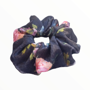 scrunchie floral black - ύφασμα, βελούδο, λαστιχάκια μαλλιών - 2