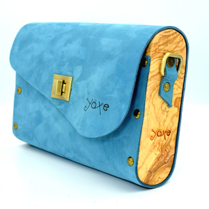 Μπλε τσάντα ώμου από ξύλο ελιάς και δέρμα - δέρμα, clutch, χειροποίητα - 4