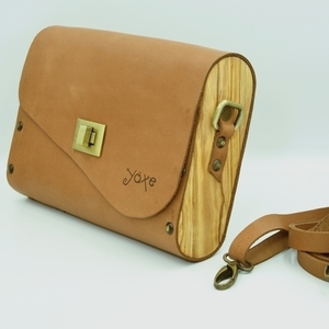 Καφέ δερμάτινη τσάντα με ξύλο ελιάς - δέρμα, ξύλο, ώμου, χειροποίητα - 2