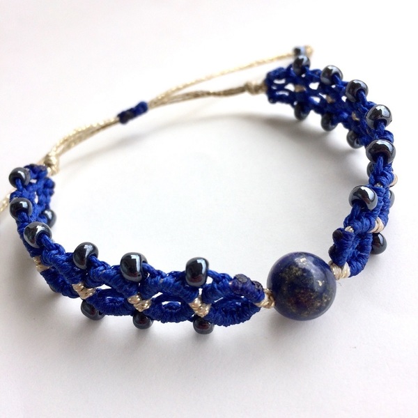 Βραχιόλι μακραμέ Μπλε με λίθο Λάπι Λάζουλι - ημιπολύτιμες πέτρες, μακραμέ, boho, χεριού - 2