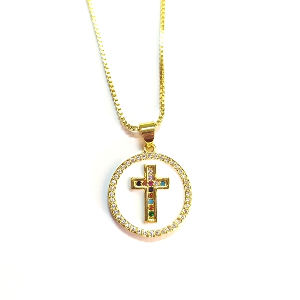 Κοντό κολιέ με σταυρό από ζιργκον - charms, επιχρυσωμένα, σμάλτος, σταυρός, κοντά, ζιργκόν - 2
