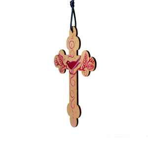 Ξύλινος σταυρός με κόκκινο πουλί -01 - διακοσμητικά, σταυροί, για παιδιά, για ενήλικες, για μωρά - 2