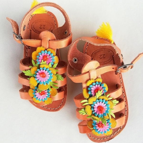 Blooming sandals - δέρμα, χρωματιστό, χειροποίητα, boho, για παιδιά