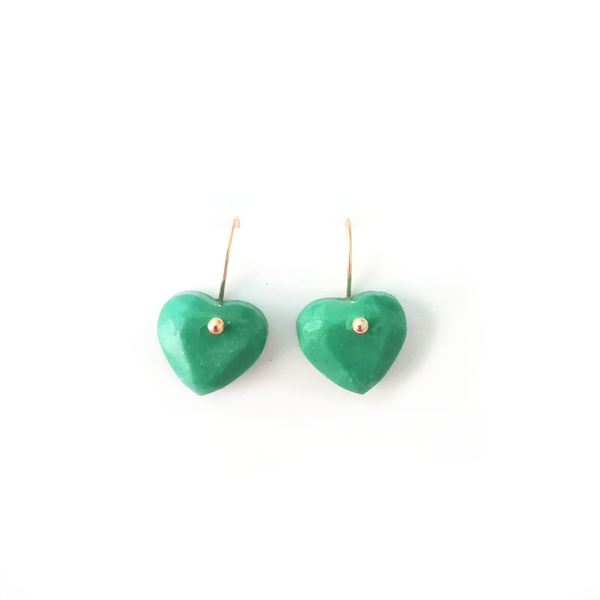 Μικρά σκουλαρίκια Love / Tiny Dangles Green - ασήμι, γυαλί, επιχρυσωμένα, μικρά, κρεμαστά, γάντζος, φθηνά