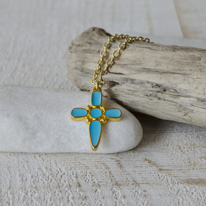 Turqoise cross necklace - charms, επιχρυσωμένα, ορείχαλκος, σταυρός, κοντά