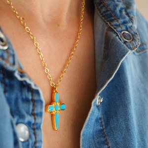 Turqoise cross necklace - charms, επιχρυσωμένα, ορείχαλκος, σταυρός, κοντά - 2