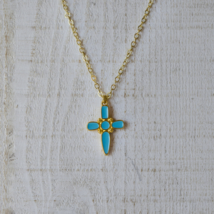 Turqoise cross necklace - charms, επιχρυσωμένα, ορείχαλκος, σταυρός, κοντά - 5