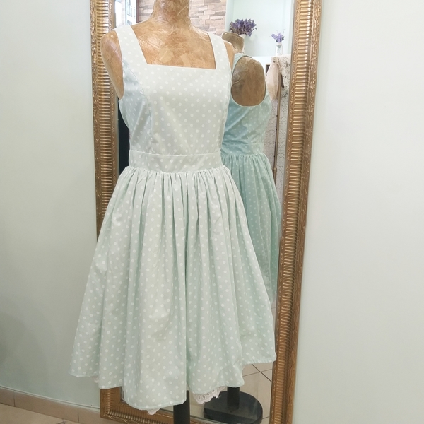 Polka mint dress - βαμβάκι, πουά, αμάνικο, midi, γάμου - βάπτισης - 2