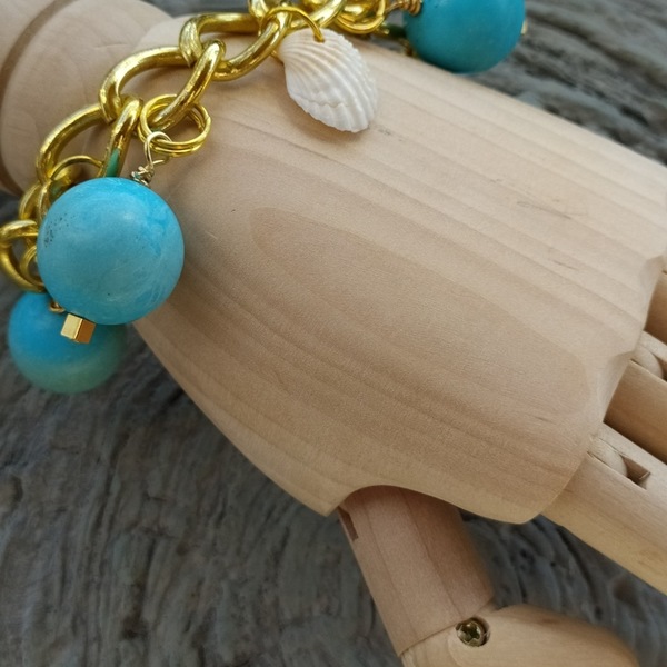 Chain seashell bracelet με τιρκουαζ πέτρες - charms, τιρκουάζ, κοχύλι, χάντρες, σταθερά - 3