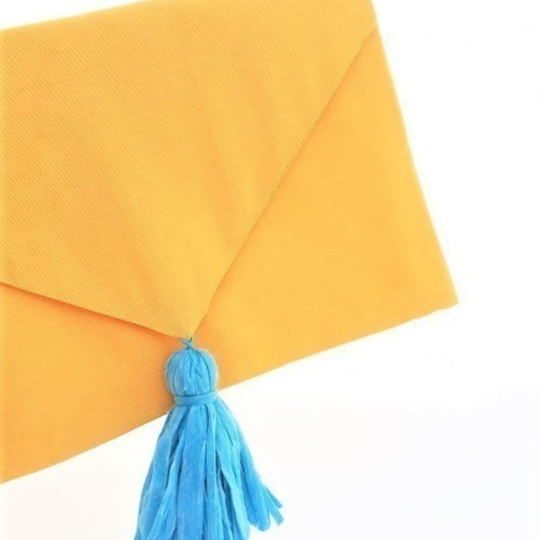 Τσάντα- φάκελος, Boho-chic style, σε έντονο κίτρινο χρώμα - ύφασμα, φάκελοι, χειρός, βραδινές, μικρές