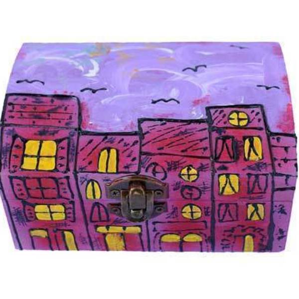 Ξύλινο Κουτί, Πόλη Ντυμένη στα Μώβ - ξύλο, ζωγραφισμένα στο χέρι, χειροποίητα, κοσμηματοθήκη, κουτιά αποθήκευσης