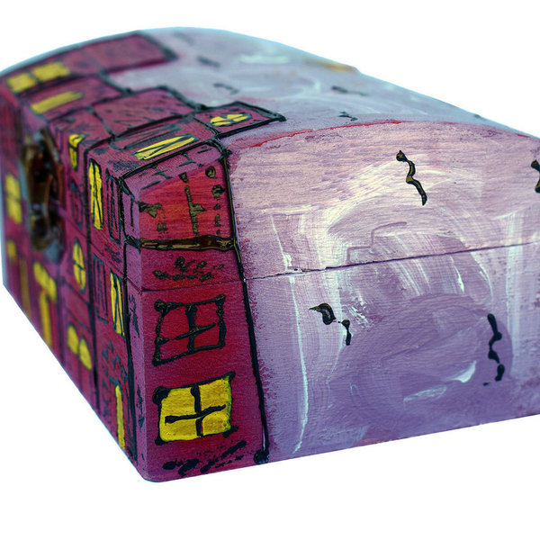 Ξύλινο Κουτί, Πόλη Ντυμένη στα Μώβ - ξύλο, ζωγραφισμένα στο χέρι, χειροποίητα, κοσμηματοθήκη, κουτιά αποθήκευσης - 2