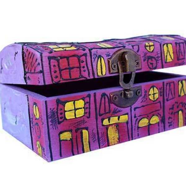 Ξύλινο Κουτί, Πόλη Ντυμένη στα Μώβ - ξύλο, ζωγραφισμένα στο χέρι, χειροποίητα, κοσμηματοθήκη, κουτιά αποθήκευσης - 4