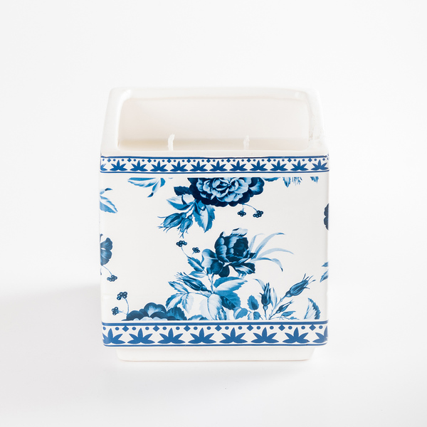 Κεραμικό κηροπήγιο με μπλε λουλούδια με αρωματικό φυτικό κερί - αρωματικά κεριά