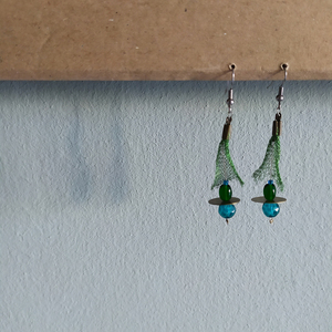 Σκουλαρίκια γαλάζιο πράσινο, μεταλλικό δίχτυ - χειροποίητα, μακριά, μπρούντζος, κρεμαστά, πρωτότυπα δώρα - 3