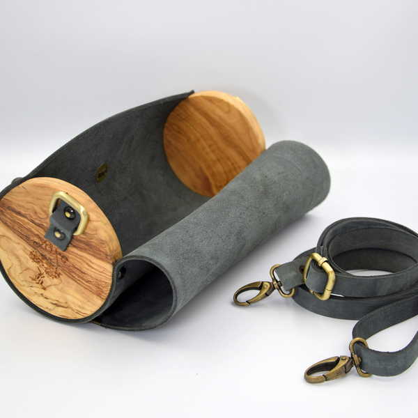 Δερμάτινη γκρι τσάντα βαρελάκι με ξύλο ελιάς - δέρμα, ξύλο, ώμου, μικρές - 2