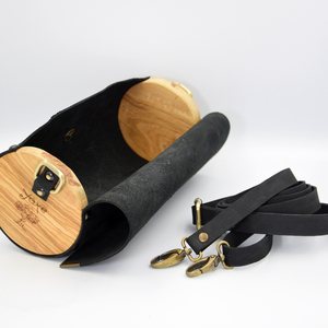 Δερμάτινη μαύρη τσάντα βαρελάκι με ξύλο ελιάς - δέρμα, ξύλο, ώμου, μικρές - 2