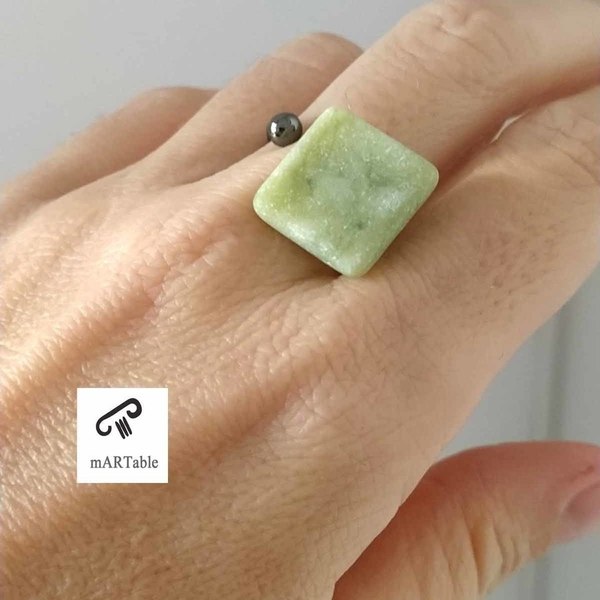 Χειροποίητο δαχτυλίδι "G R E E N S Q U A R E" σε σχήμα τετράγωνο από Φυσικό Πέτρωμα! - ημιπολύτιμες πέτρες, ορείχαλκος, χειροποίητα, μαμά, σταθερά - 2