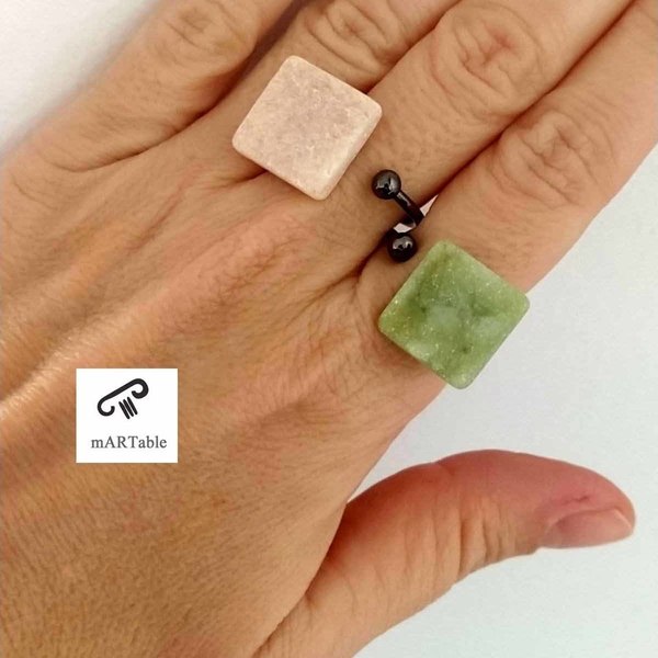 Χειροποίητο δαχτυλίδι "G R E E N S Q U A R E" σε σχήμα τετράγωνο από Φυσικό Πέτρωμα! - ημιπολύτιμες πέτρες, ορείχαλκος, χειροποίητα, μαμά, σταθερά - 3