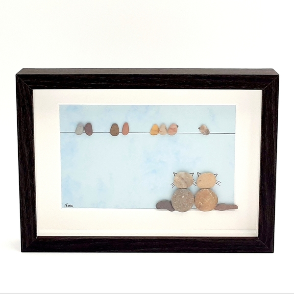 Ξύλινη επιτραπέζια κορνίζα με παράσταση από βότσαλα, γατούλες (20x15x3cm) - χειροποίητα, δώρα γενεθλίων, διακοσμητικά, ιδεά για δώρο, αγ. βαλεντίνου - 4