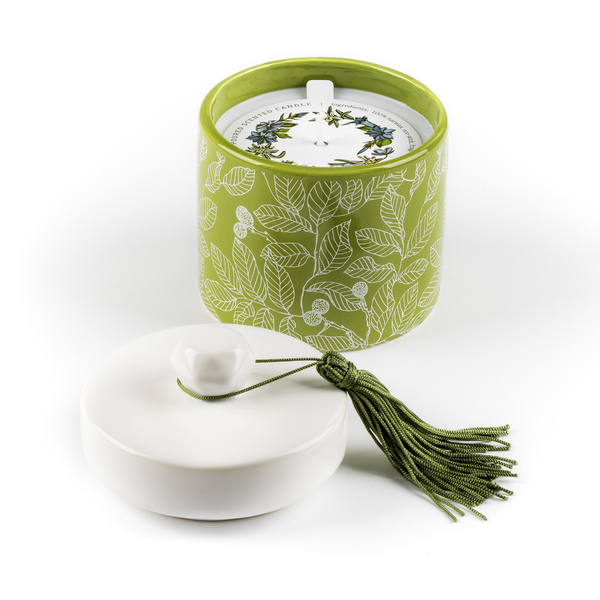 Πορσελάνινο λαδί δοχείο με άσπρα φύλλα και αρωματικό φυτικό κερί - αρωματικά κεριά - 2
