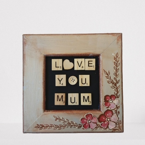 Ξύλινη κορνίζα "love you mum" - vintage, πίνακες & κάδρα, διακοσμητικά, γιορτή της μητέρας, δώρα για γυναίκες - 3