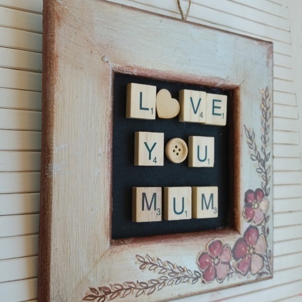Ξύλινη κορνίζα "love you mum" - vintage, πίνακες & κάδρα, διακοσμητικά, γιορτή της μητέρας, δώρα για γυναίκες - 2