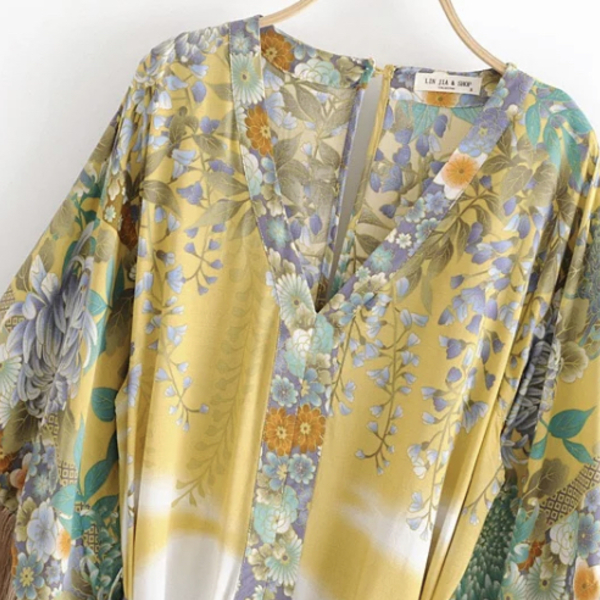 Kaftan Kimono Dress με κρόσσια - mini, φλοράλ - 2