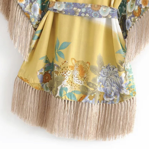 Kaftan Kimono Dress με κρόσσια - mini, φλοράλ - 5