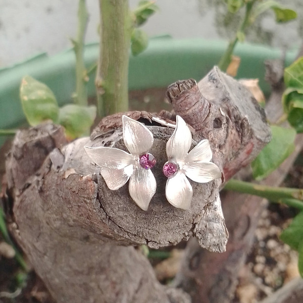 Ασημένια Σκουλαρίκια με αμέθυστο. - ασήμι, πέτρες, λουλούδι, καρφωτά, μικρά - 4