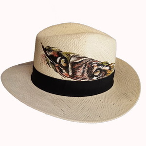 Custom / Handpainted γυναικείο καπέλο - καπέλο, γυναικεία, ψάθινα, ζωγραφισμένα στο χέρι, φτερό