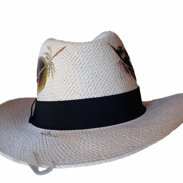 Custom / Handpainted γυναικείο καπέλο - ζωγραφισμένα στο χέρι, γυναικεία, φτερό, καπέλο, ψάθινα - 5