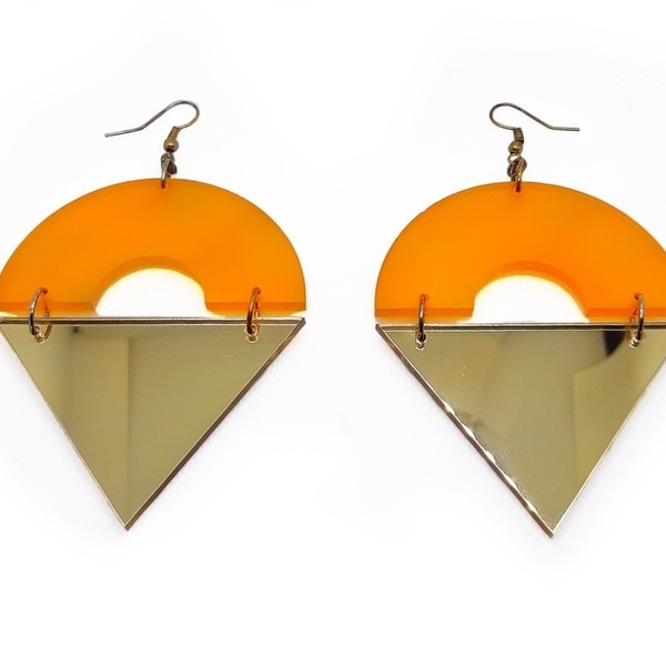 Σκουλαρίκια από plexiglass ημικύκλιο με τρίγωνο, πορτοκαλί-χρυσό - μακριά, plexi glass, κρεμαστά, μεγάλα, faux bijoux