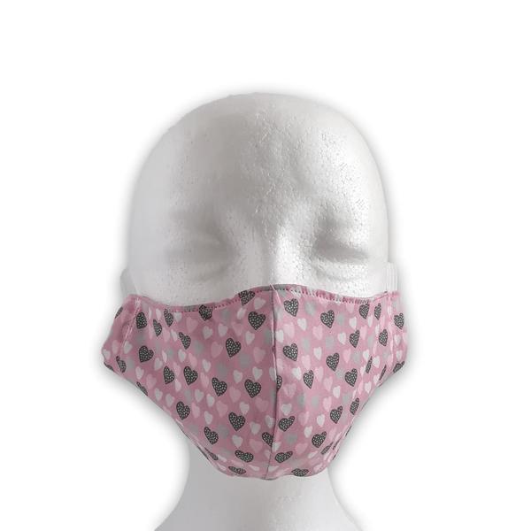 Υφασμάτινη μάσκα προσώπου πολλαπλών χρήσεων βαμβακερή, ροζ καρδιές - ύφασμα, γυναικεία, για παιδιά, για ενήλικες, μάσκα προσώπου, μάσκες προσώπου - 3