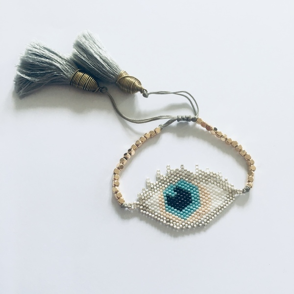 Boho silver eye - κορδόνια, μάτι, χάντρες, miyuki delica, αυξομειούμενα - 4
