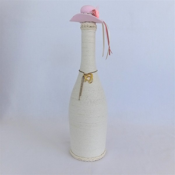 Διακοσμητική μπουκάλα με ροζ καπέλο - διακοσμητικά μπουκάλια