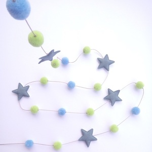 Διακοσμητική Γιρλάντα με Γαλάζια και Πράσινα Πον Πον και Υφασμάτινα Αστέρια - γιρλάντες, αγόρι, αστέρι, αγορίστικο, pom pom