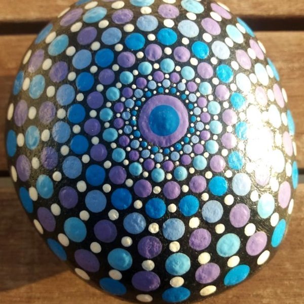 Φυσική πέτρα με σχέδιο dotting mandala μπλε - πέτρα, διακοσμητικές πέτρες - 2