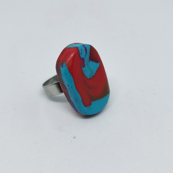 Δαχτυλίδι από πηλό, τιρκουάζ-κόκκινο / polymer clay ring "multicoloured" - πηλός, χειροποίητα, μεγάλα, αυξομειούμενα, φθηνά - 2