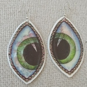 σκουλαρίκια μεγάλα πράσινα μάτια με υγρό γυαλί - γυαλί, επάργυρα, μάτι, boho, κρεμαστά, μεγάλα, γάντζος, faux bijoux - 2