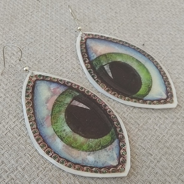 σκουλαρίκια μεγάλα πράσινα μάτια με υγρό γυαλί - γυαλί, επάργυρα, μάτι, boho, κρεμαστά, μεγάλα, γάντζος, faux bijoux - 3
