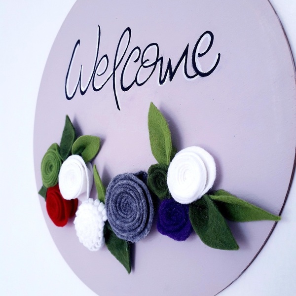 Ξύλινη πινακίδα "welcome" - λουλούδια, χειροποίητα, κρεμαστά, διακοσμητικά - 2