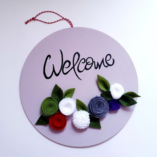 Ξύλινη πινακίδα "welcome" - λουλούδια, χειροποίητα, κρεμαστά, διακοσμητικά - 5