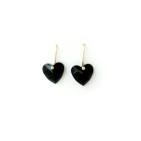 Μικρά μαύρα σκουλαρίκια καρδιές Love / Tiny Dangles Black - ασήμι, γυαλί, επιχρυσωμένα, καρδιά, μικρά, κρεμαστά, γάντζος, φθηνά