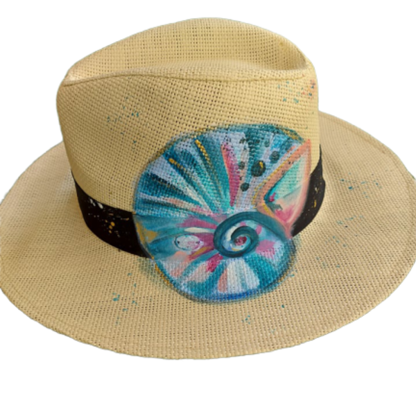 Καπέλο κοχύλι - ζωγραφισμένα στο χέρι, χειροποίητα, ψάθινα