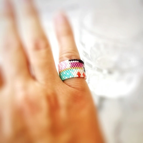 Φαρδύ δαχτυλίδι Abstract Art κεντημένο με γνήσιες χάντρες Miyuki Delica - δαχτυλίδι, γεωμετρικά σχέδια, miyuki delica, σταθερά, μεγάλα, φθηνά - 2