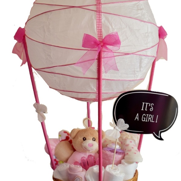 Pink Air Balloon - κορίτσι, δώρα για βάπτιση, σετ δώρου, δώρο γέννησης, diaper cake