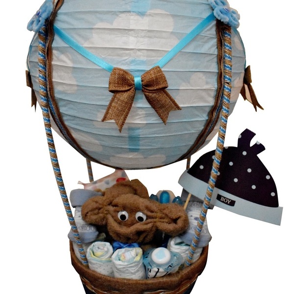 Diaper Cake (Blue Monkey Air Balloon) - αγόρι, δώρα για βάπτιση, σετ δώρου, δώρο γέννησης, diaper cake