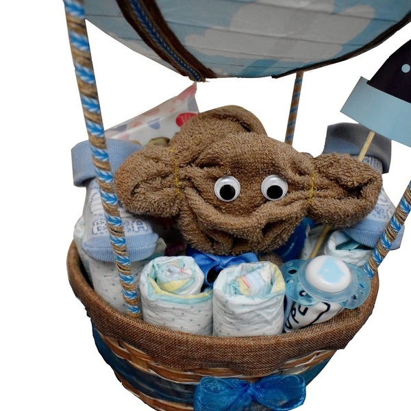 Diaper Cake (Blue Monkey Air Balloon) - αγόρι, δώρα για βάπτιση, σετ δώρου, δώρο γέννησης, diaper cake - 2