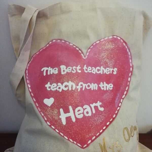 Δώρο για την δασκάλα - Πάνινη τσάντα ζωγραφισμένη με καρδιά - ώμου, πάνινες τσάντες, φθηνές - 2
